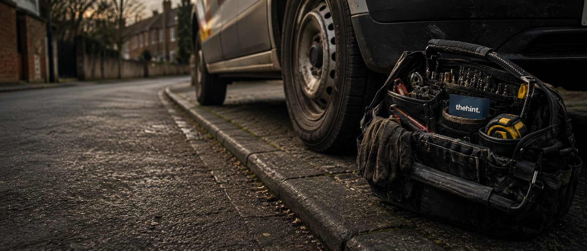 A tradesman's toolbag with the thehint card tucked in, beside a van at dusk